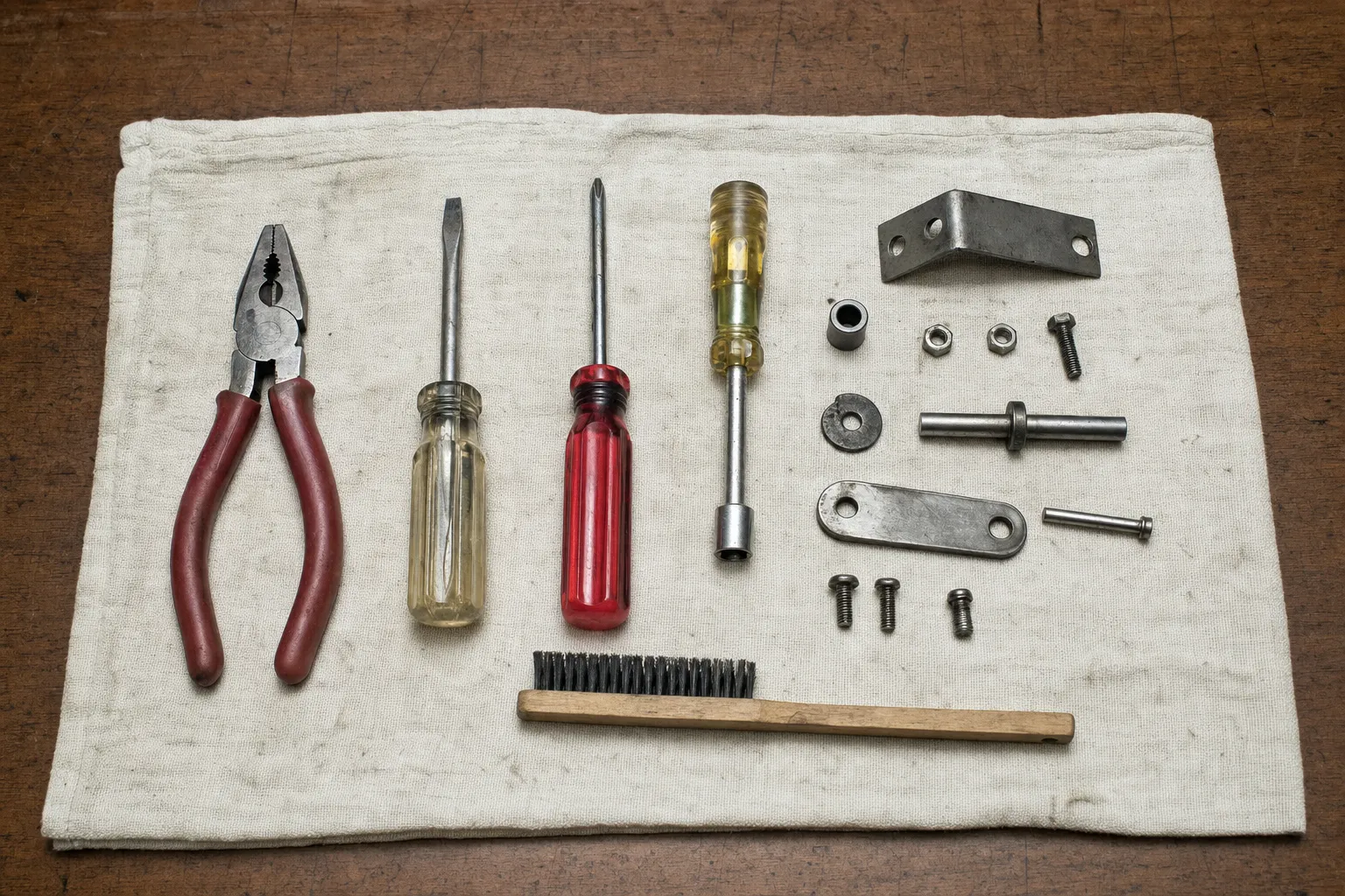 Red-handled pliers, two screwdrivers, a nut driver and a wire brush on a canvas towel beside an angle bracket, a collared shaft and loose fixings