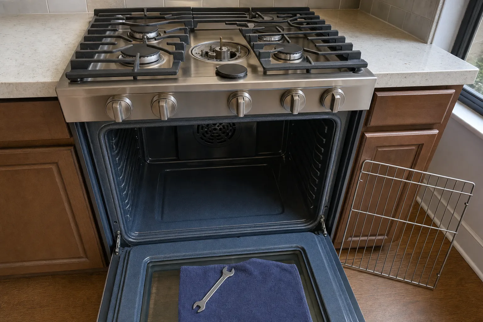 Stainless gas range in wood cabinetry, centre burner cap removed, oven door down with a wrench on a navy towel and a rack leaning on the cabinet
